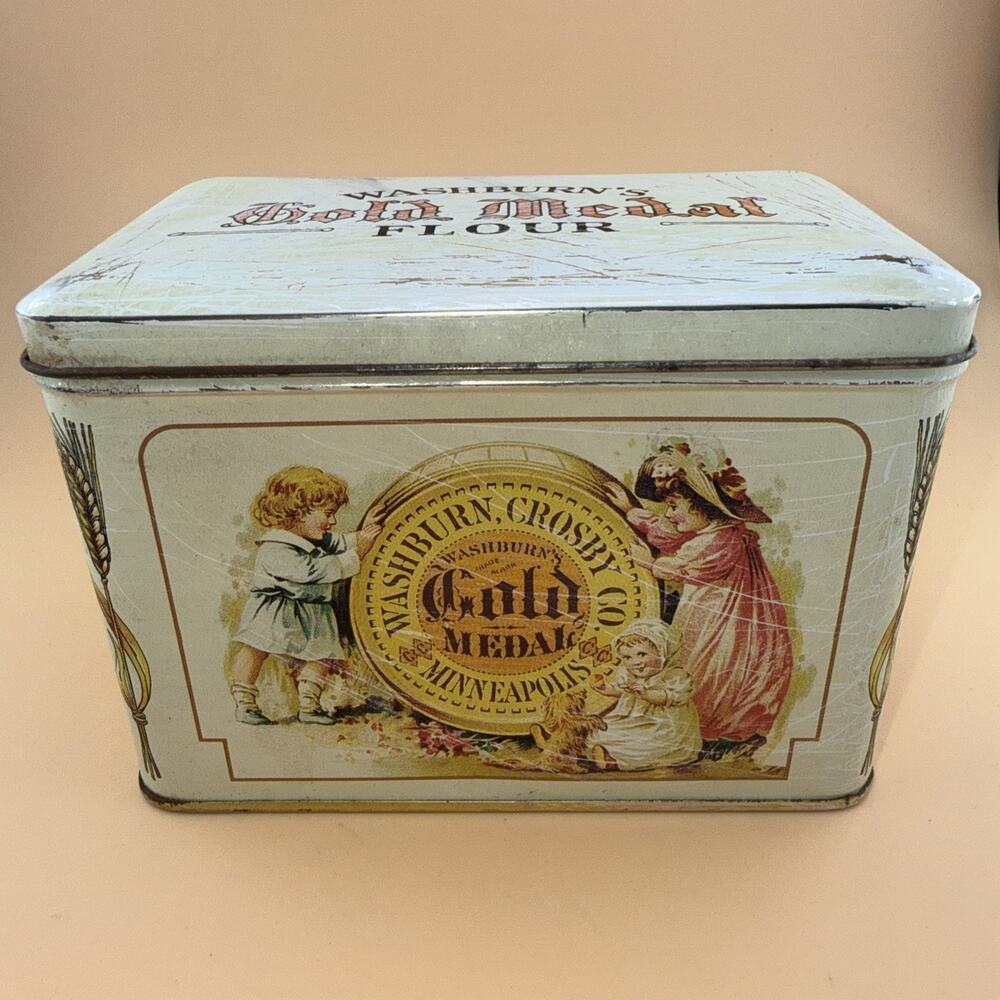 Vintage Gold Medal Flour Tin With Recipe Box Card Dividers Cottage Core Grandmas